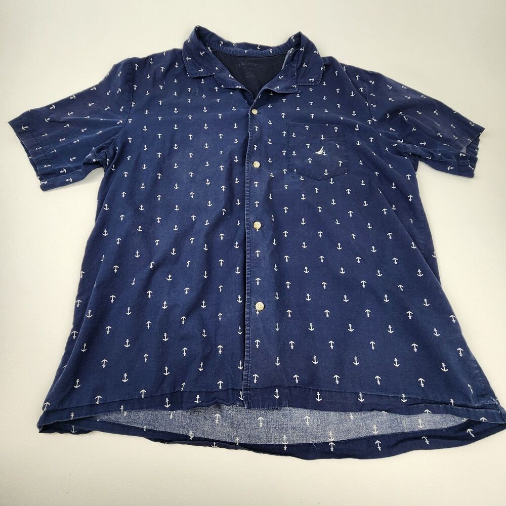 Nautica Sleepwear Mens XL Navy Anchor Print Button Front Sleep Lounge Shirt